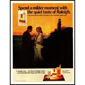 1970 Raleigh Cigarettes Vintage Print Ad Couple Ocean Lighthouse Sunset Wall Art